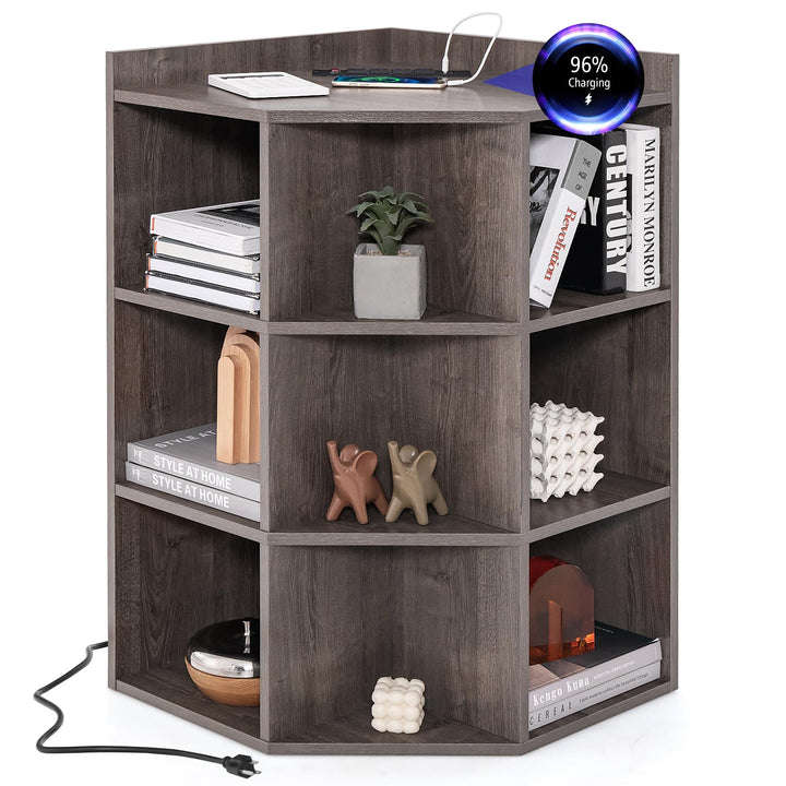 Giantex 3-Tier Corner Cabinet with Charging Station, Corner Shelf with 9 Cubbies, 2 USB Ports & 4 Outlets