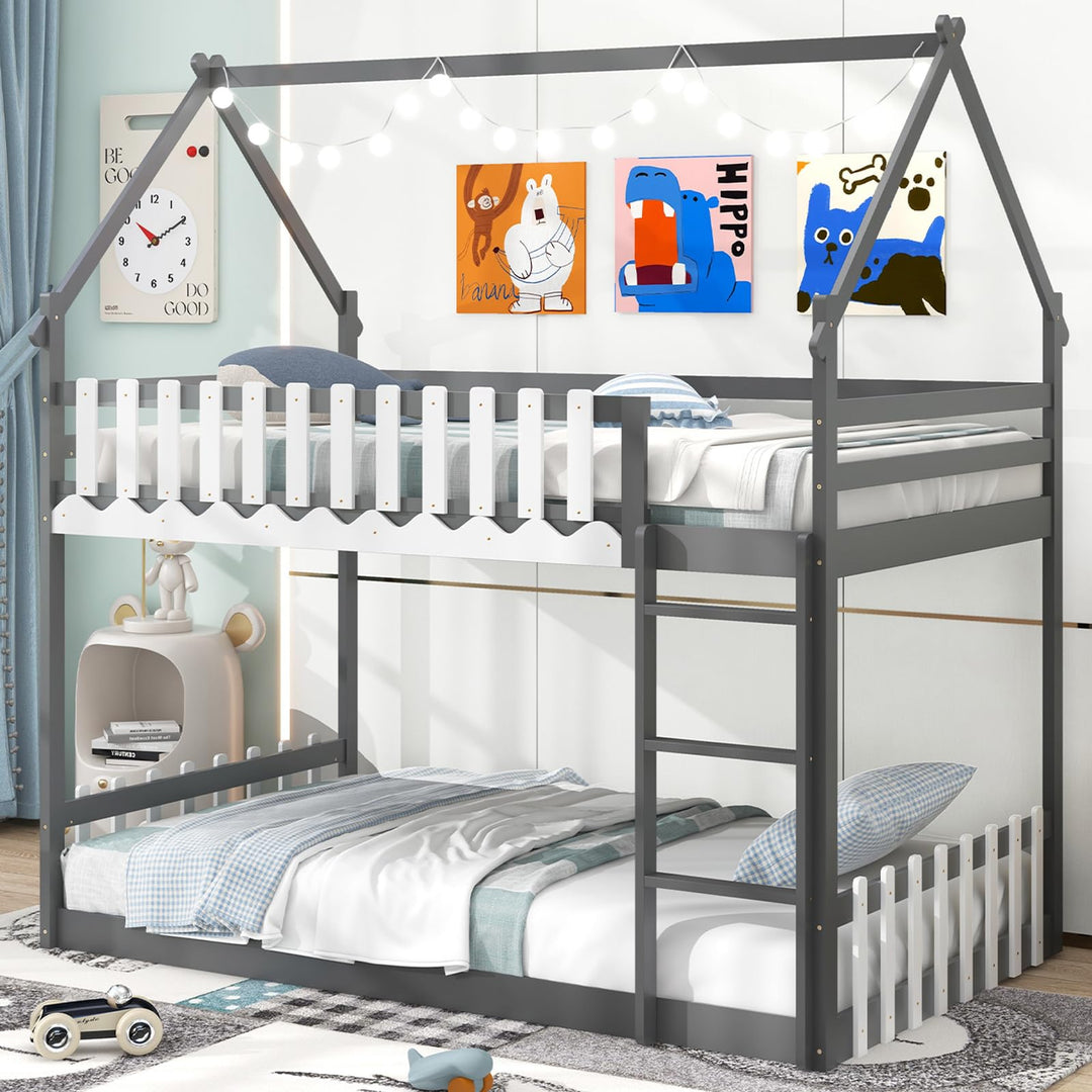 Giantex Bunk Bed Twin Over Twin, Wood House Low Bunk Bed with Ladder & Fence Safety Guardrail