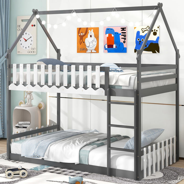 Giantex Bunk Bed Twin Over Twin, Wood House Low Bunk Bed with Ladder & Fence Safety Guardrail