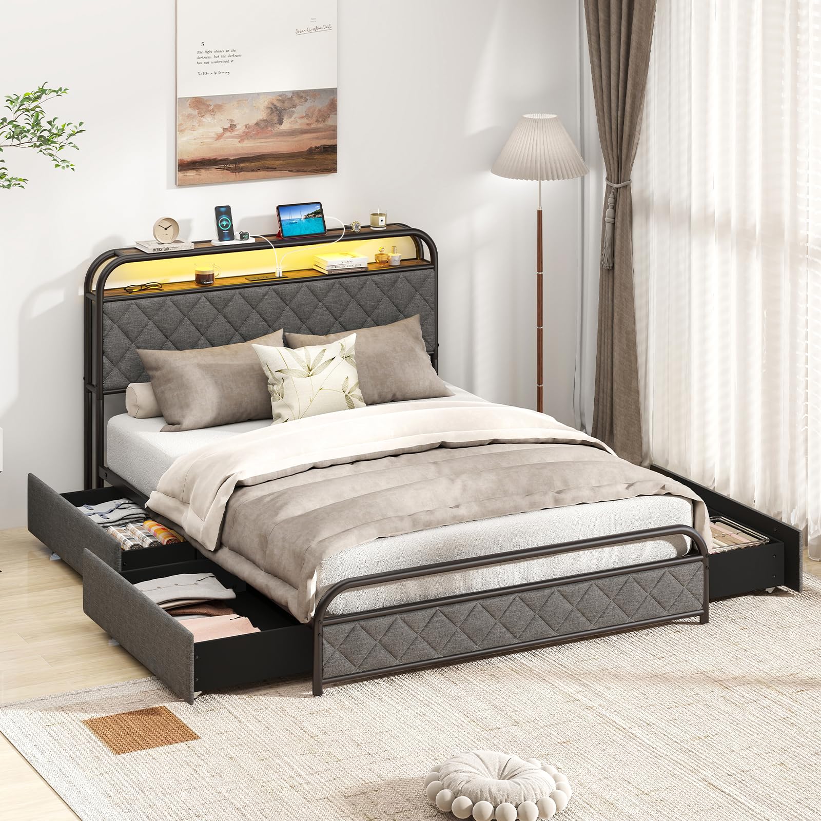 Giantex Bed Frame with 4 Storage Drawers and Charging Station