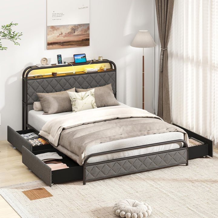 Giantex Bed Frame with 4 Storage Drawers and Charging Station