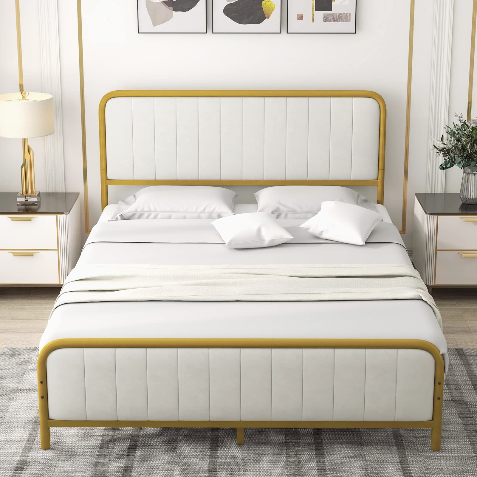 Giantex Twin Size Gold Bed Frame with Velvet Headboard and Footboard, Heavy-duty Metal Slats Support Mattress Foundation