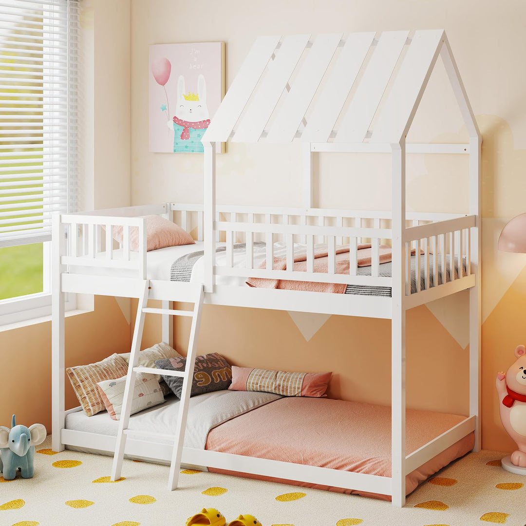 Twin Over Twin House Bunk Bed, Low Loft Bed Frame with Roof