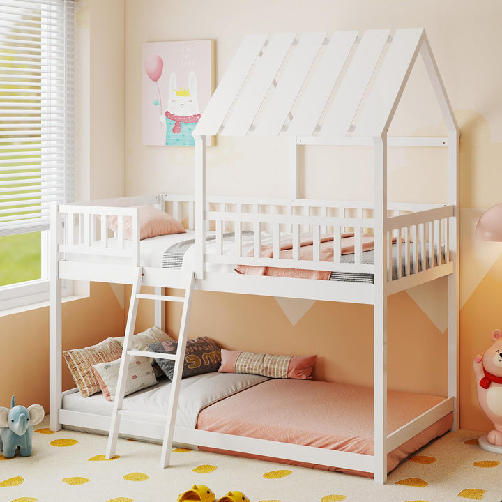 Twin Over Twin House Bunk Bed, Low Loft Bed Frame with Roof