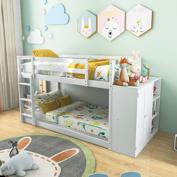 Giantex Twin Over Twin Bunk Bed with Storage Shelves, Solid Wood Bunk Bed Frame with Convertible Bookcase & Ladder, White