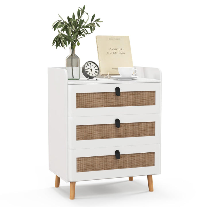 Giantex Rattan Nightstand, Boho 3-Drawer Dresser with 4 Solid Wood Legs