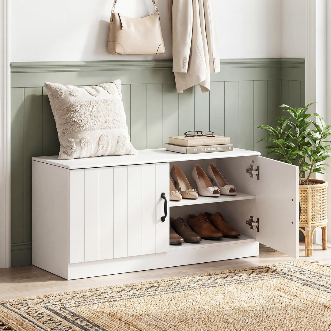 Giantex 2-Door Shoe Storage Bench Wooden Entryway Bench