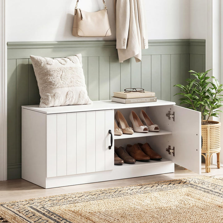Giantex 2-Door Shoe Storage Bench Wooden Entryway Bench