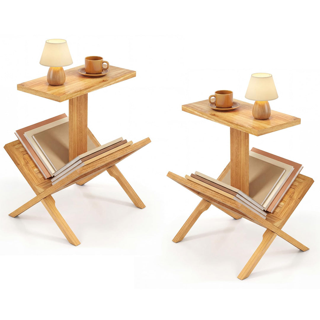 Giantex Side Table Teak Wood Set of 1/2 2-Tier Sofa Couch End Table