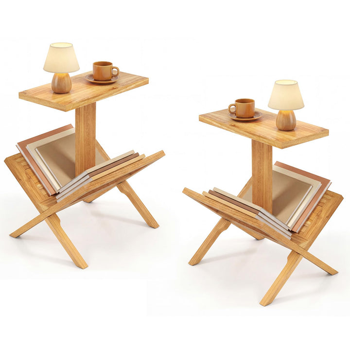 Giantex Side Table Teak Wood Set of 1/2 2-Tier Sofa Couch End Table