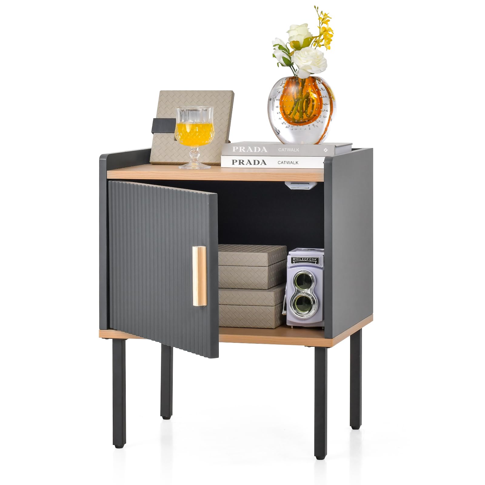 Giantex Nightstand with Storage, Bedside Table with Single Door Cabinet, Small Space, Gray