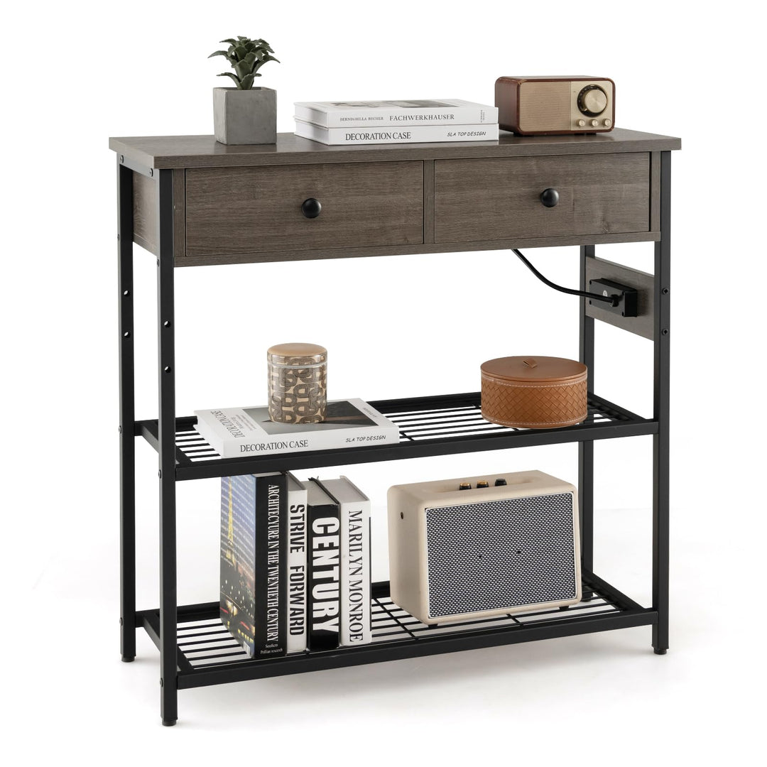 Giantex Console Table with Outlets - 3-Tier Entryway Table w/USB Ports, 2 Storage Drawers