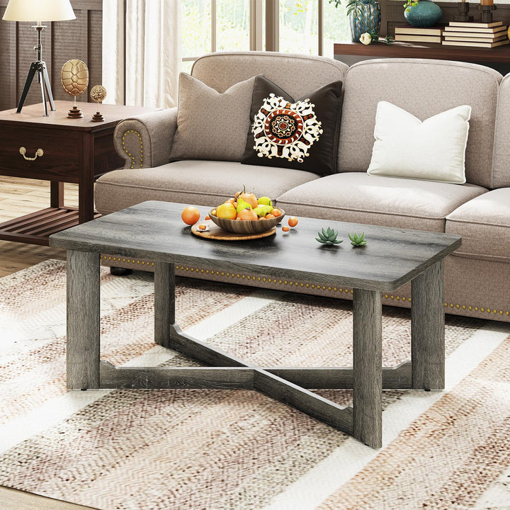 Giantex Farmhouse Wood Coffee Table Rectangle Center Table with X-Shaped Base & Rubber Wood Frame