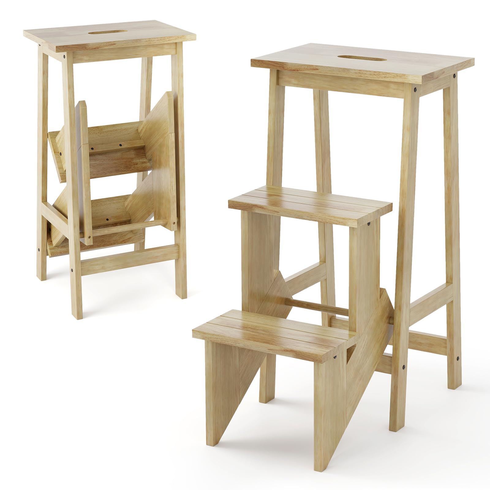 3 Tier Folding Step Ladder, Multifunction 3-in-1 Wood Step Stool