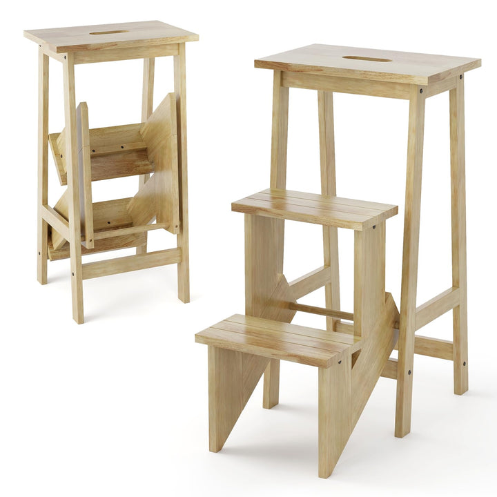 3 Tier Folding Step Ladder, Multifunction 3-in-1 Wood Step Stool
