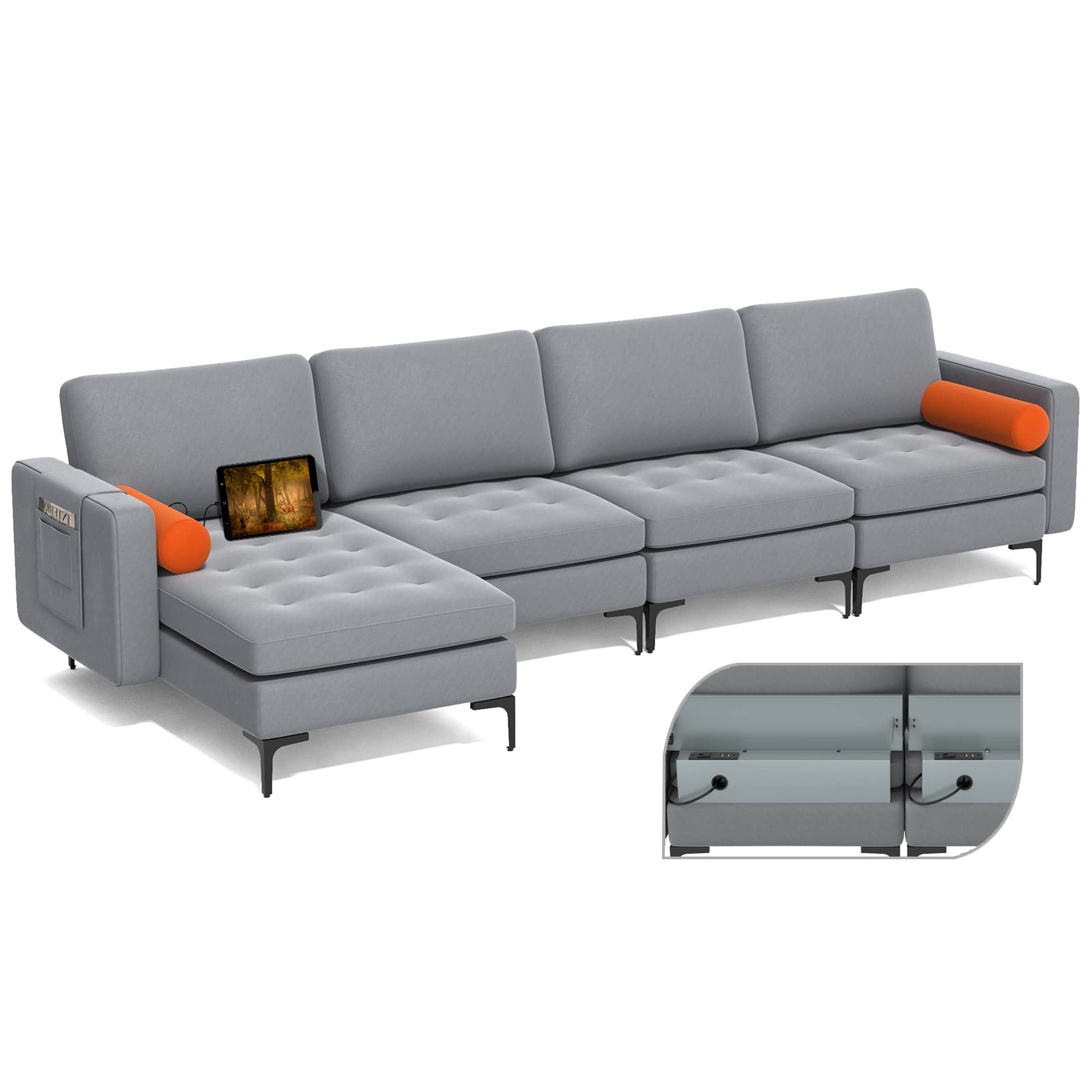 Giantex Sectional Sofa Couch, Convertible Sleeper with 2 or 1 USB Ports Socket