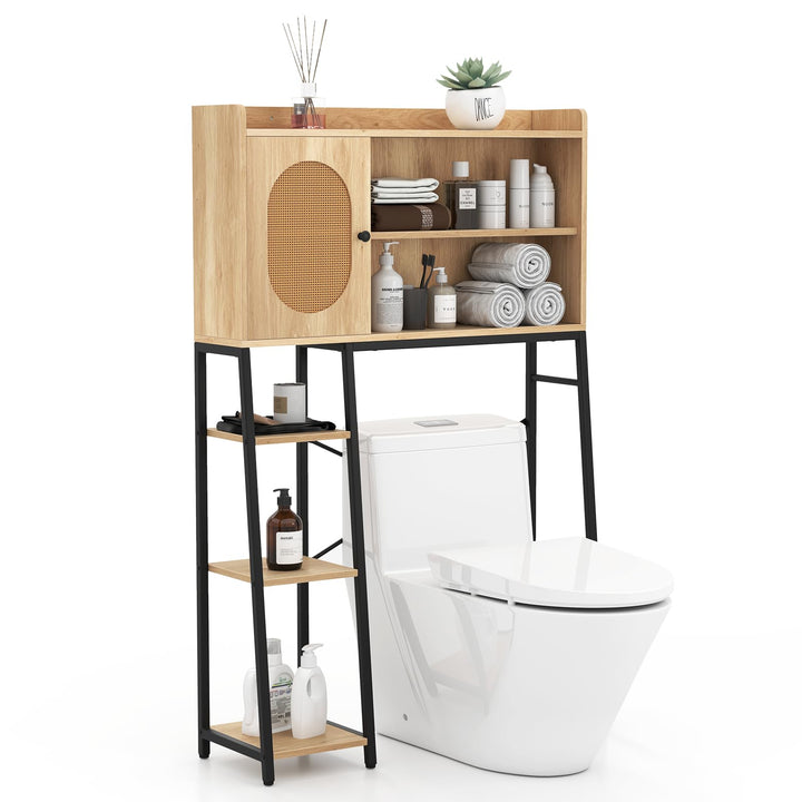 Giantex Over The Toilet Storage Cabinet, Freestanding Storage Organizer Above Toilet with PE Rattan Door and Adjustable Shelf