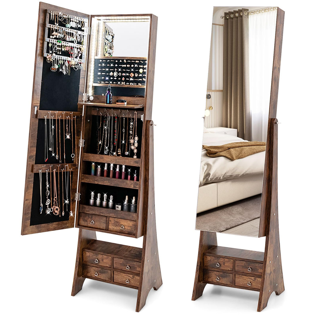 CHARMAID Jewelry Cabinet with LED Light Strip, Floor Jewelry Armoire with High Full Length Mirror
