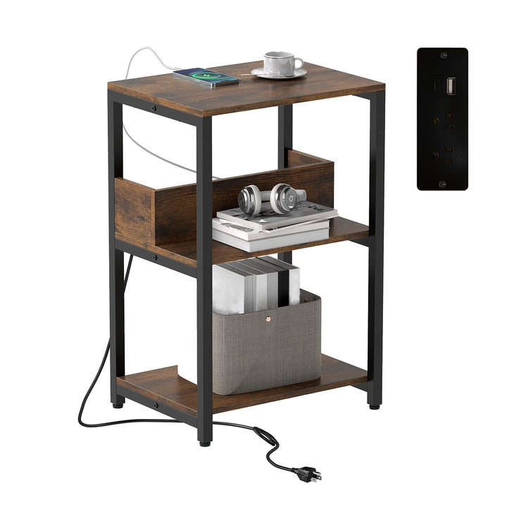 Giantex Side Table with Charging Station - Industrial 3-Tier Bedside Table w/Open Storage Shelves