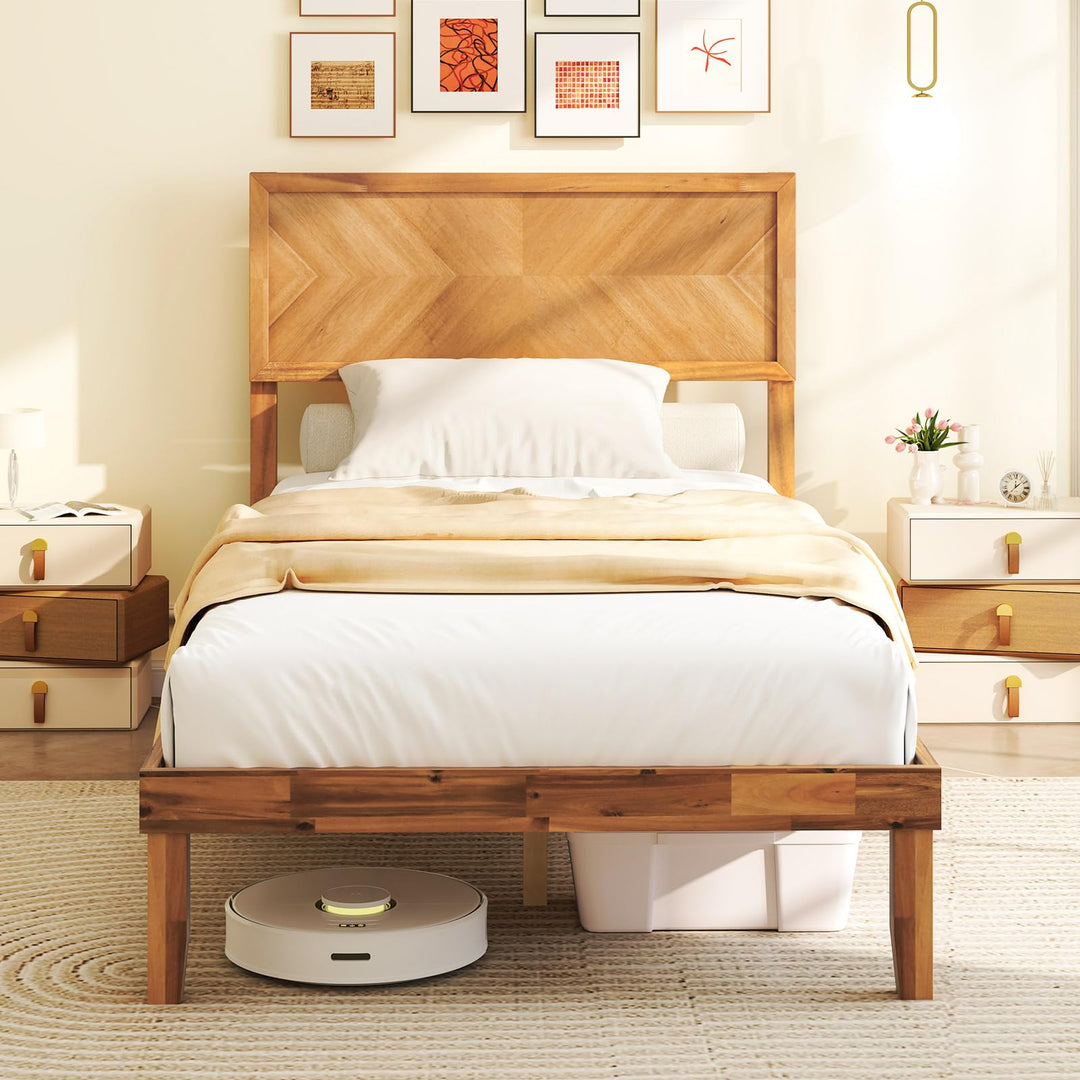 Giantex Wood Twin Bed/Full Size Bed/Queen Bed Frames with Headboard, Solid Acacia Wood Platform Bed with 12 Strong Wooden Slat Support