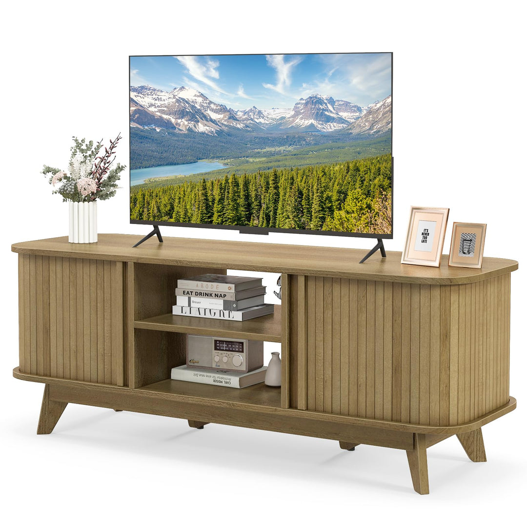 Giantex TV Stand for 55-Inch TV, Entertainment Center with Dual Sliding Doors, Enclosed Cabinets, Adjustable Shelf