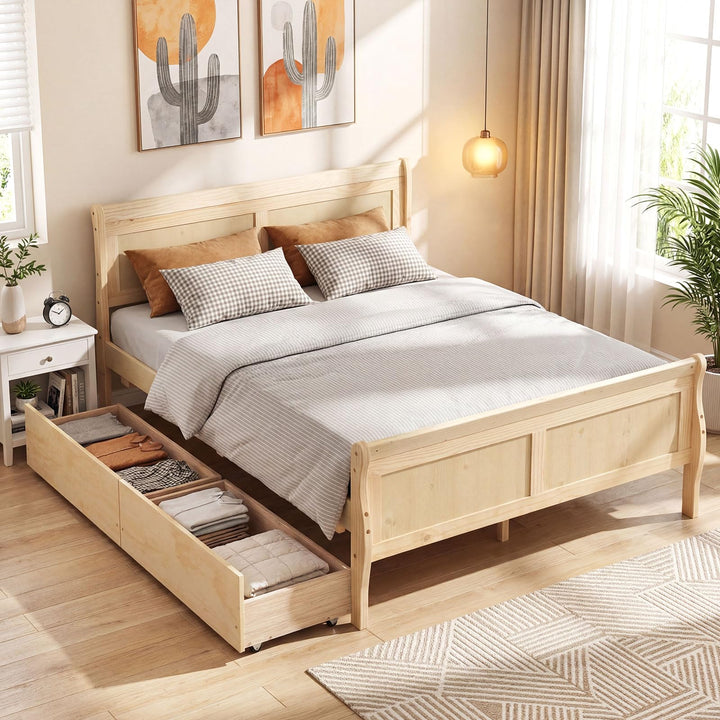 Giantex Twin/ Full/ Queen Bed with 2 Storage Drawers Wood Platform Bed with Headboard &amp; Footboard