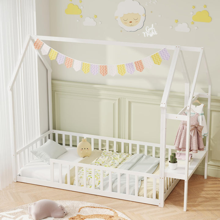 Giantex Twin House Floor Bed, Solid Wood Montessori Floor Bed with Detachable Storage Shelf & Clothes Hanger