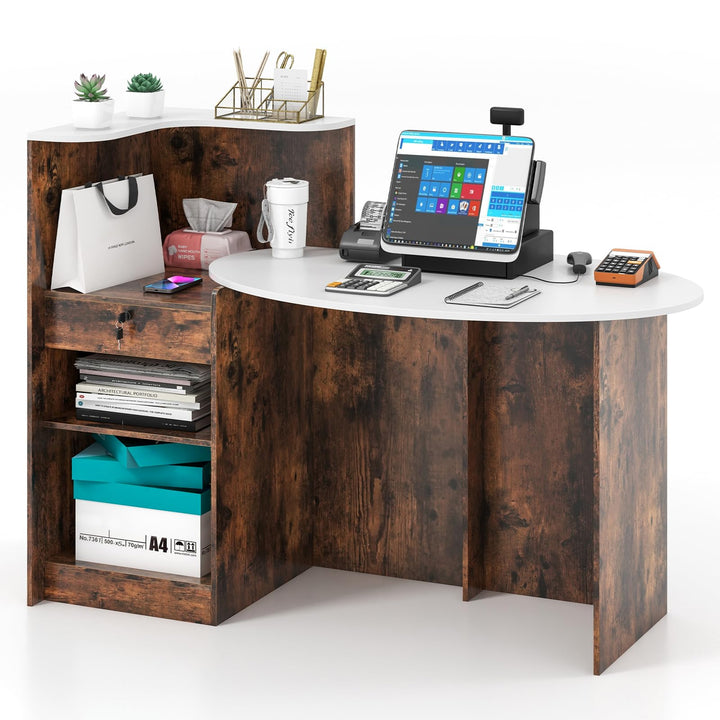 Giantex Reception Desk, Front Counter Desk with Lockable Drawer, Oval Tabletop & Adjustable Shelf