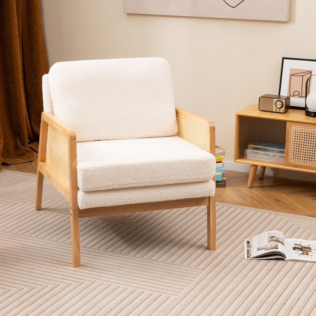 Giantex Mid Century Modern Accent Chair, Boho Boucle Living Room Arm Chair w/Rattan Arms