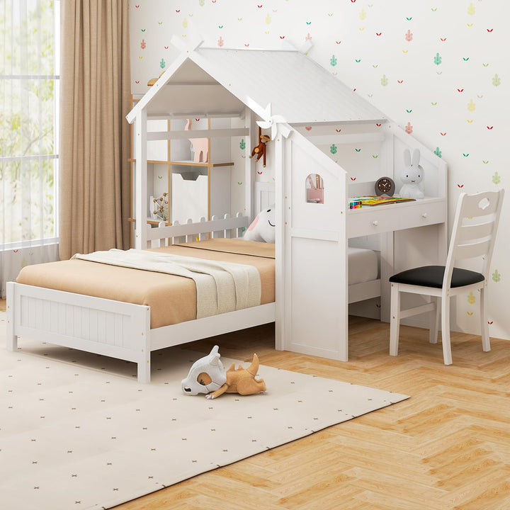Giantex Twin House Bed with Desk & Chair, Wood Kids Playhouse Bed with 2 Drawers