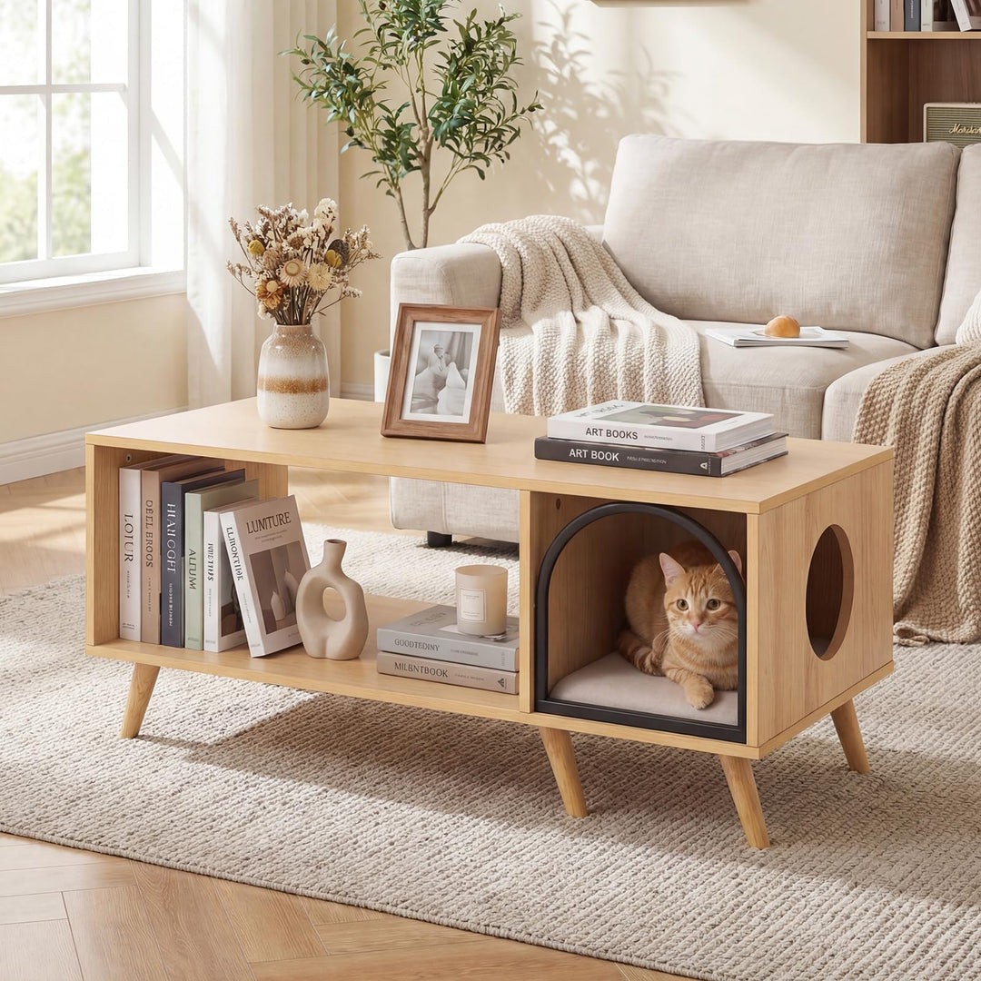 Giantex 2 in 1 Coffee Table with Cat House for Entryway Home