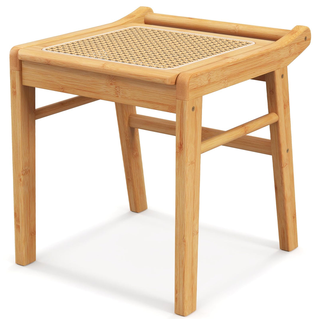 CHARMAID Vanity Stool, Bamboo Ottoman Foot Rest with Rattan Seat, Anti-Slip Foot Pads