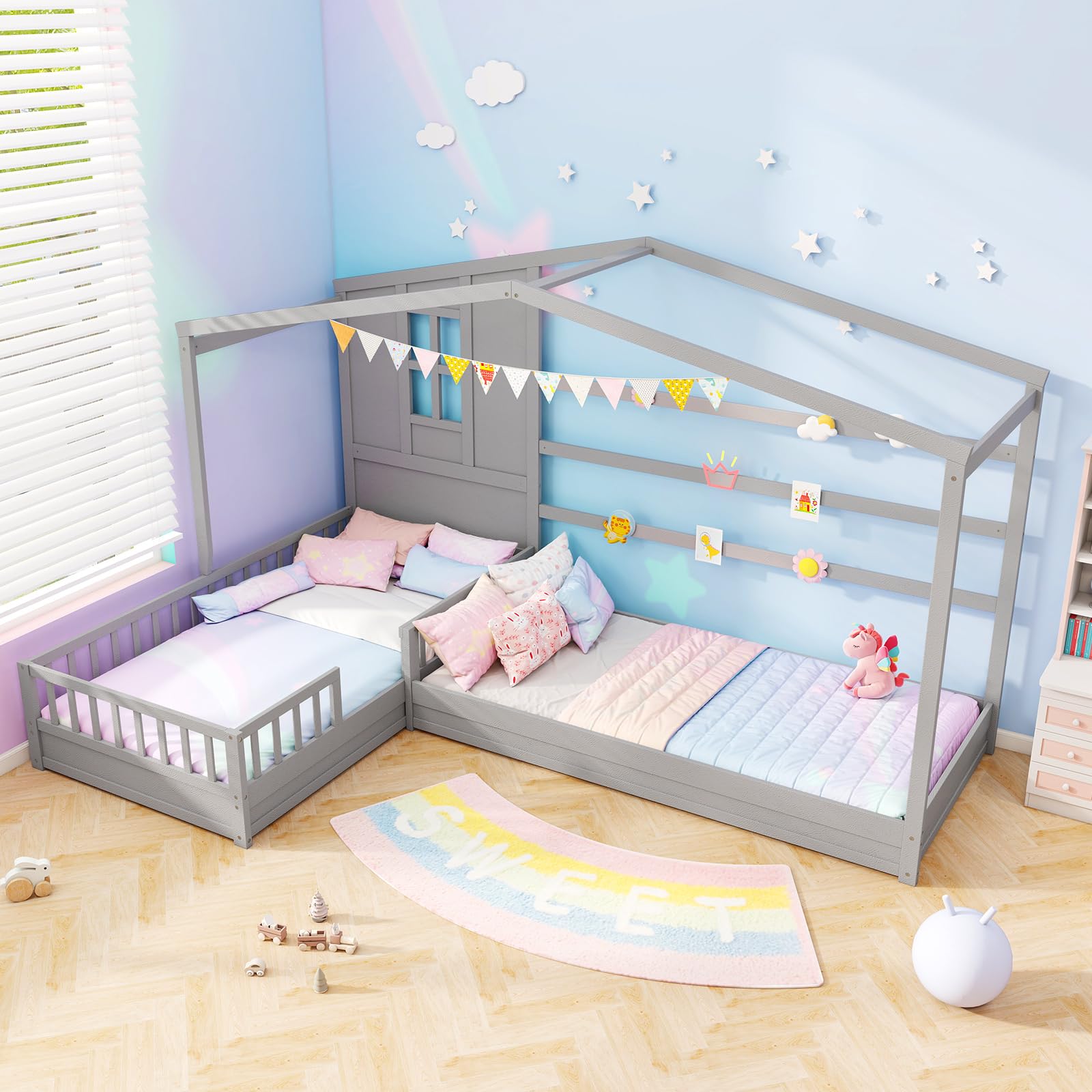 Giantex Double Twin Beds for Kids, House L-Shaped Platform Beds with Window & Fences