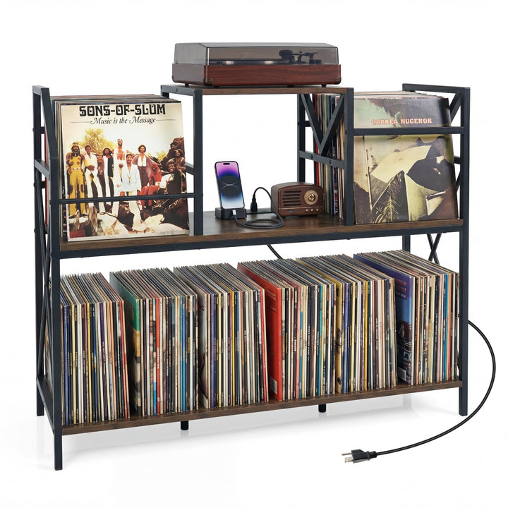 Giantex Large Record Player Stand with Charging Station &amp; Dividers for Albums