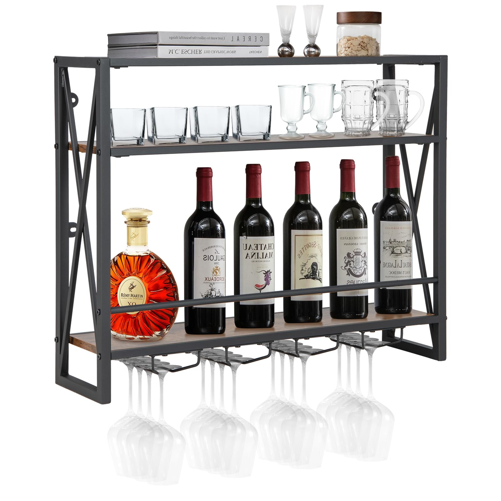 Giantex Industrial Wall-Mounted Wine Rack, 3 Tiers Metal Hanging Wine Shelf with Glass Holder