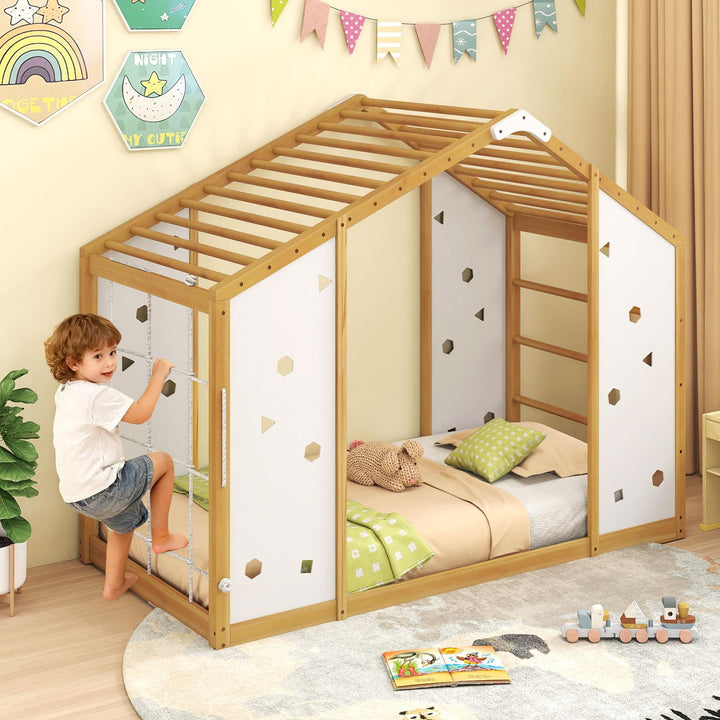 Giantex Twin Size Montessori Floor Bed, 3-in-1 Indoor Kids Jungle Gym Playground