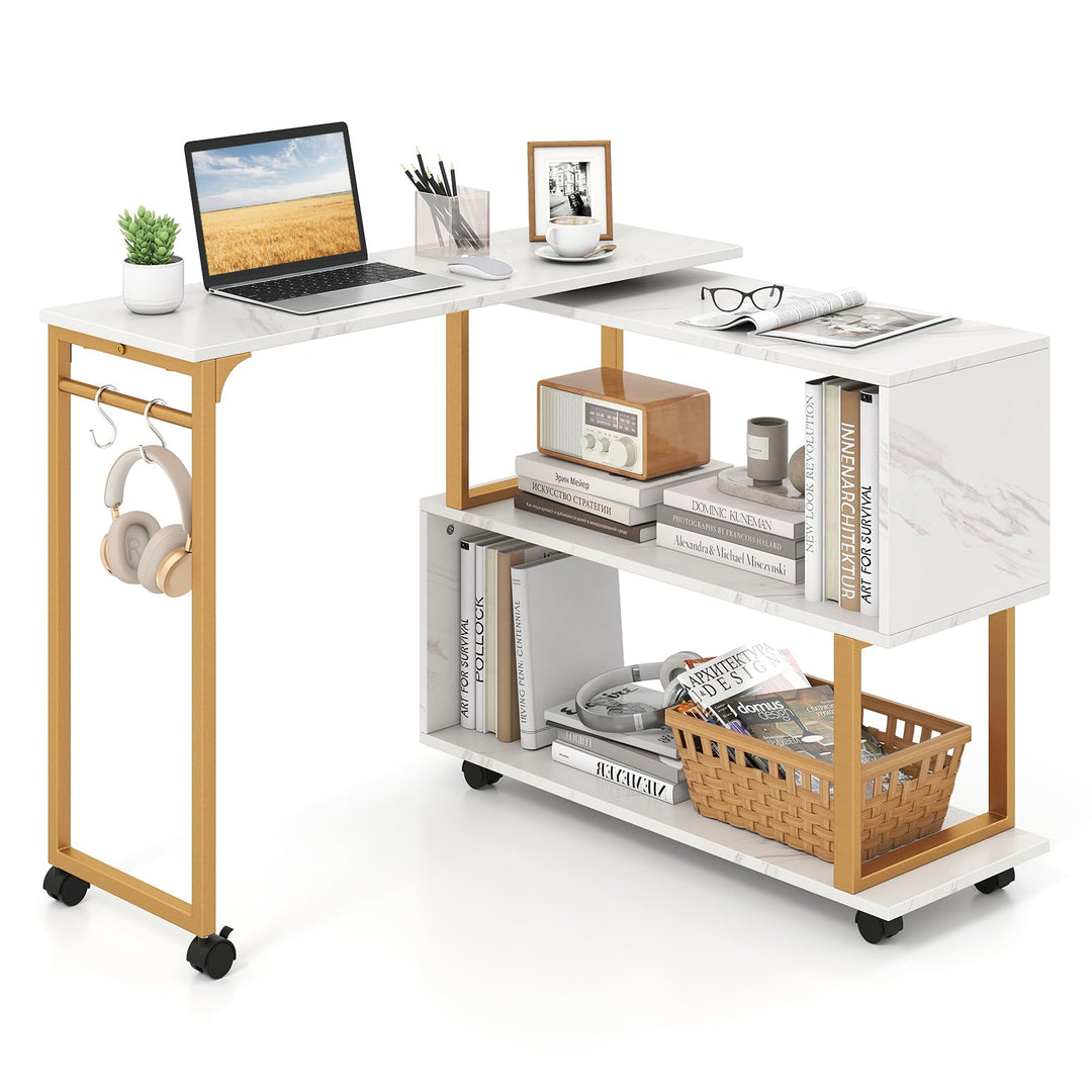 Giantex 360° Free Rotating Sofa Side Table Modern L Shaped Desk with Storage Bookcase