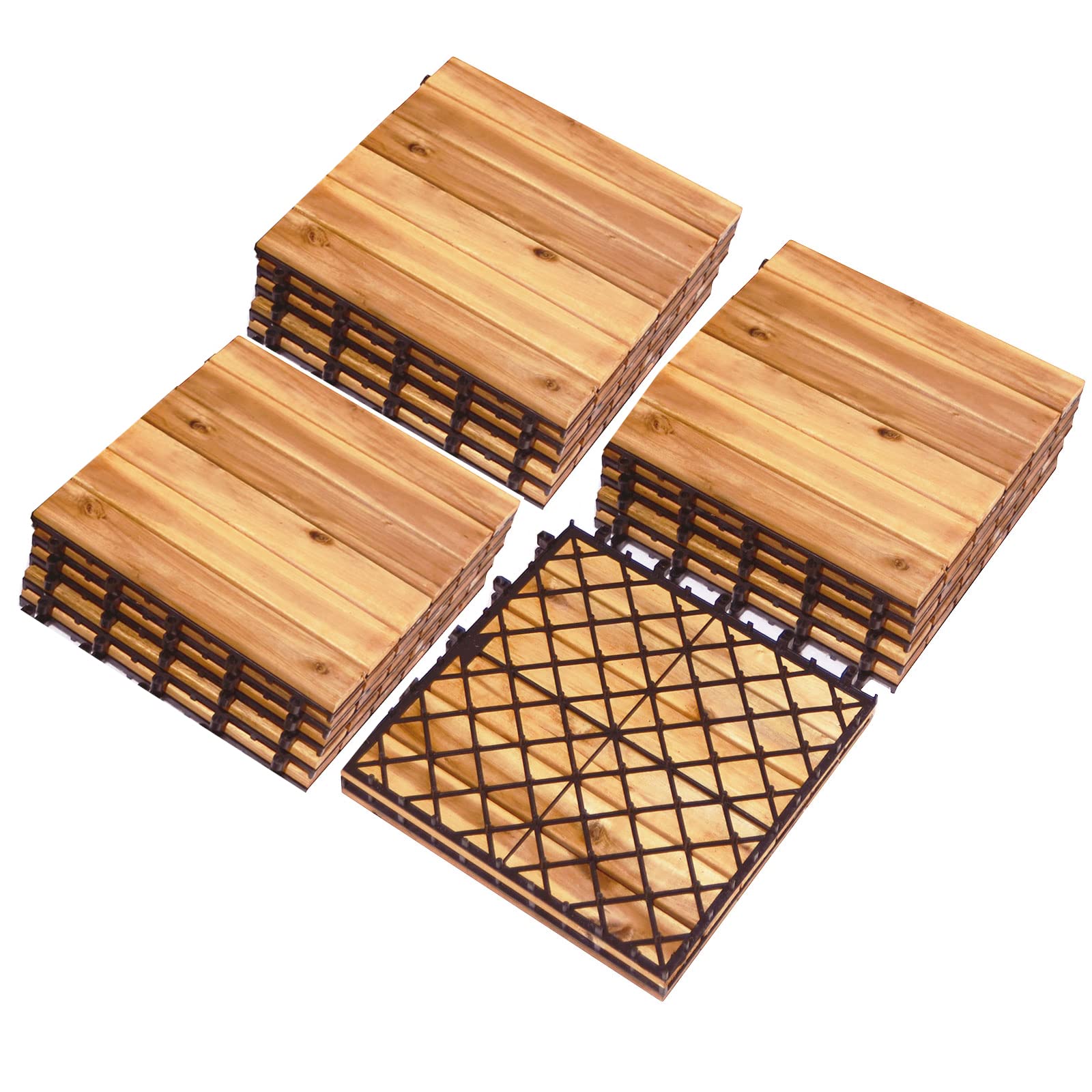 Giantex 27 PCS Interlocking Patio Deck Tiles, 12 x 12in Acacia Hardwood Floor Tiles, Tools Free Assembly