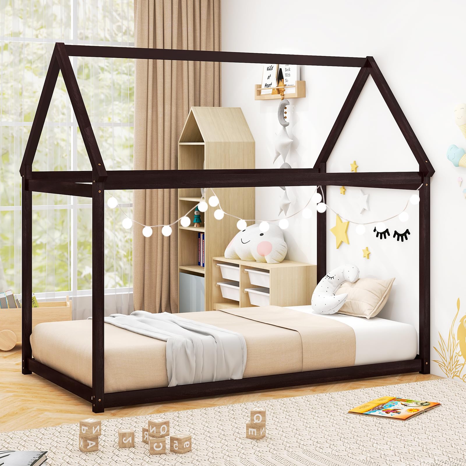 Giantex Twin House Bed, Wood Montessori Bed Frame with House Roof Canopy
