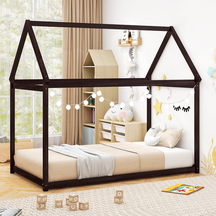 Giantex Twin House Bed, Wood Montessori Bed Frame with House Roof Canopy