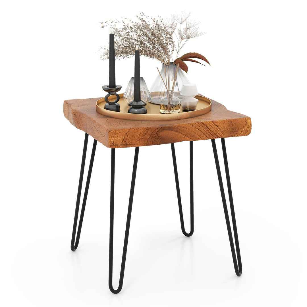 Giantex Teak Wood End Table, Solid Live Edge Outdoor Side Table w/Natural Grain & Heavy-Duty Metal Legs