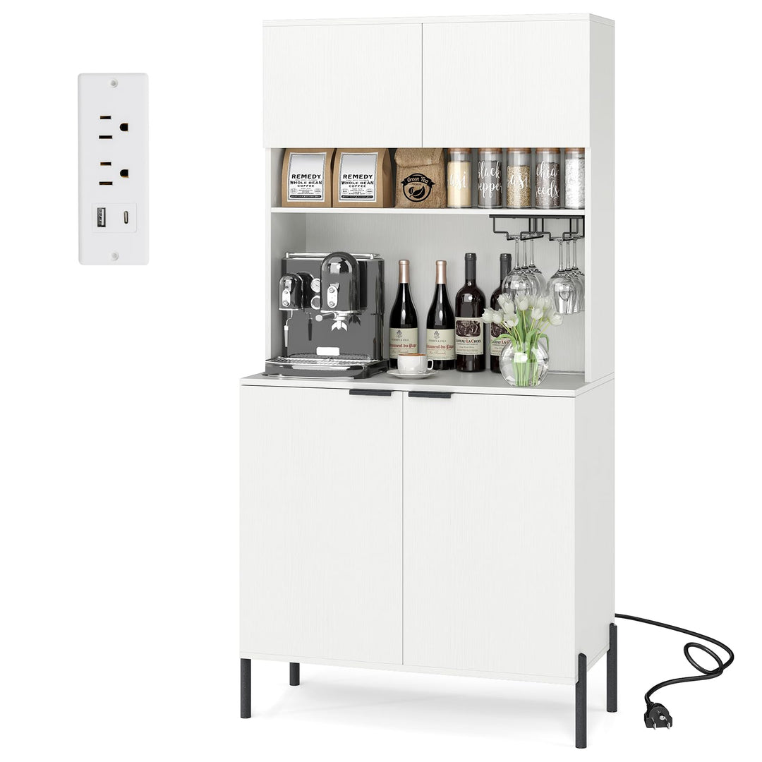 Giantex 64.5" Kitchen Pantry Cabinet with Charging Station, Tall Buffet Hutch with Storage Cabinets