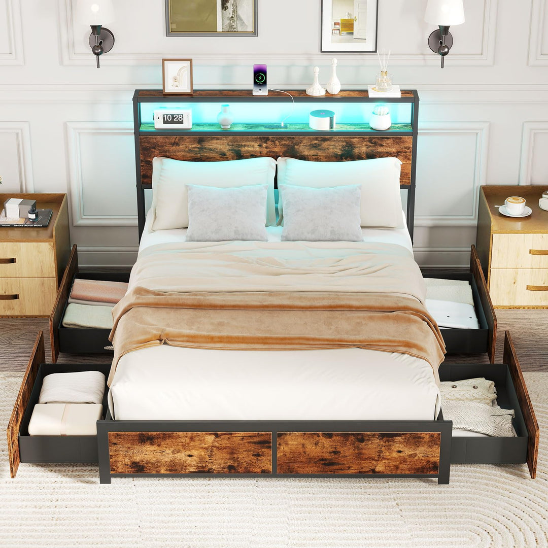 Giantex LED Bed Frame with Charging Station & 4 Storage Drawers