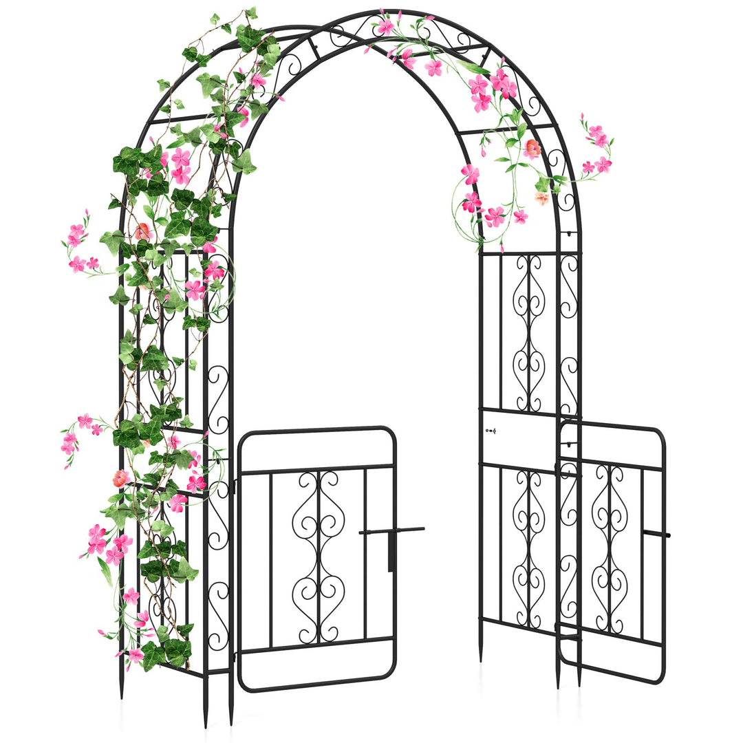 Giantex Garden Arbor with Gate, 84" H x 54" W Metal Arch Trellis for Climbing Plants Rose Vines
