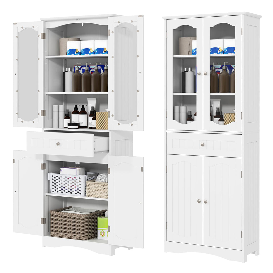 Giantex 63" Tall Bathroom Cabinet, Pantry Cabinet with Tempered Glass Doors, Adjustable Shelves & Large Drawer