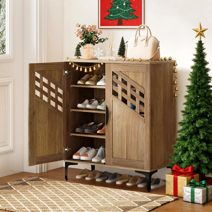 Giantex Shoe Cabinet 4-Tier Wooden Shoe Organizer Cabinet(Hollow Woven Door)