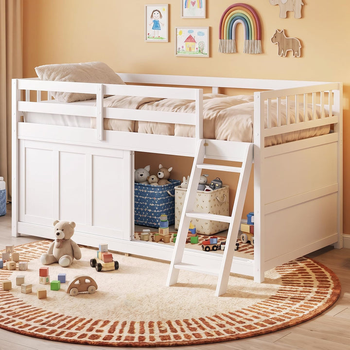 GIANTEX Wooden Low Loft Bed Twin Size with Sliding Door