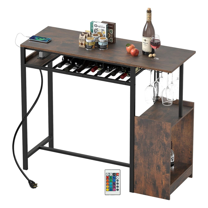 Giantex Rectangular Bar Table with Charging Station and LED Light