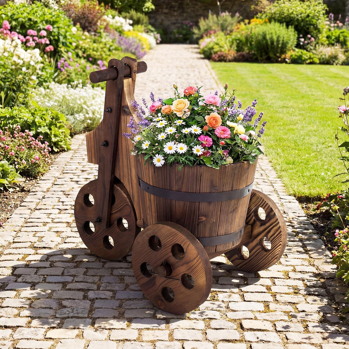 Giantex Wooden Wagon Planter with Wheels Rustic Wood Plant Stand(Solid Wheel)