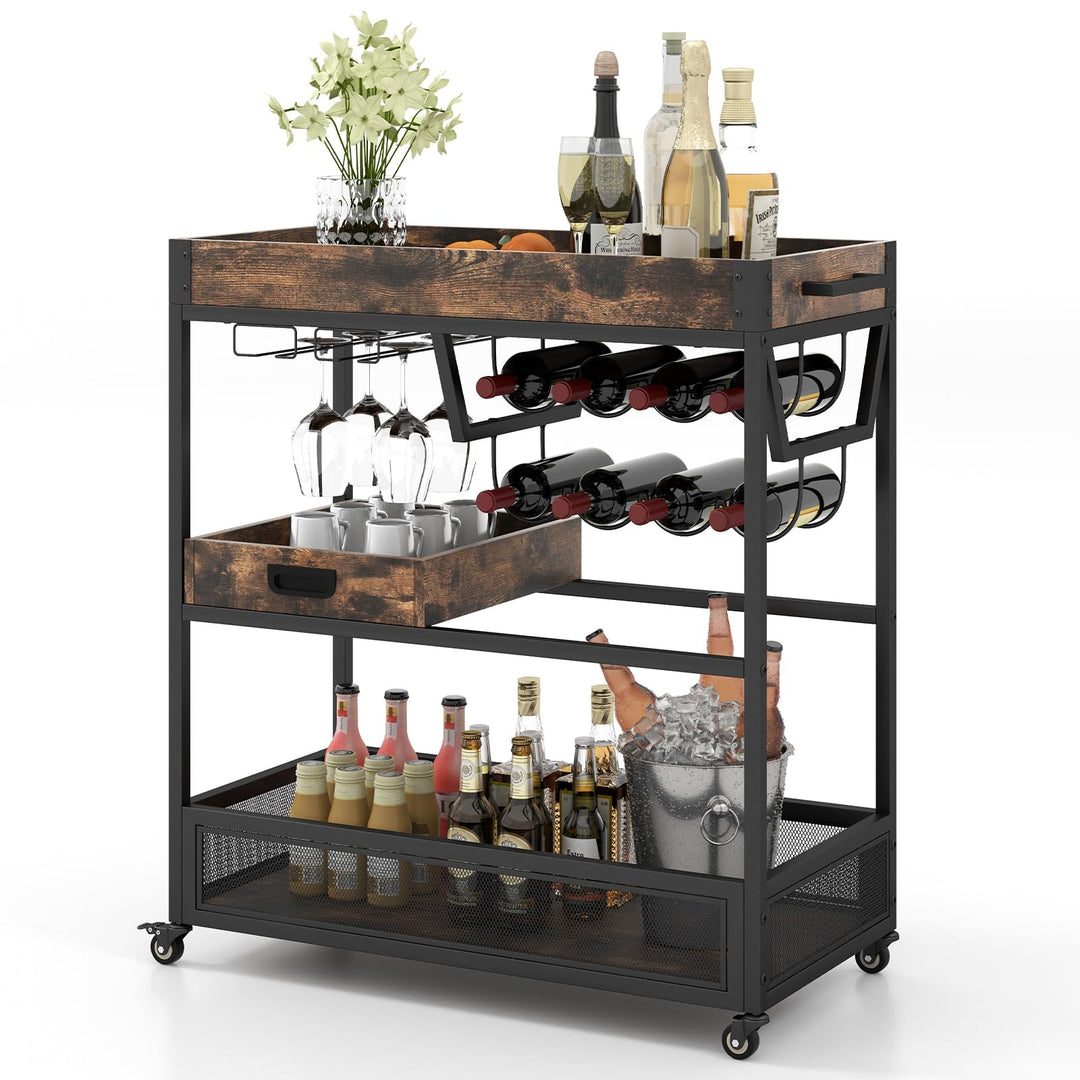 Giantex Rolling Bar Cart, 3-Tier Industrial Buffet Serving Cart with Wine Rack, Stemware Rack & Removable Tray